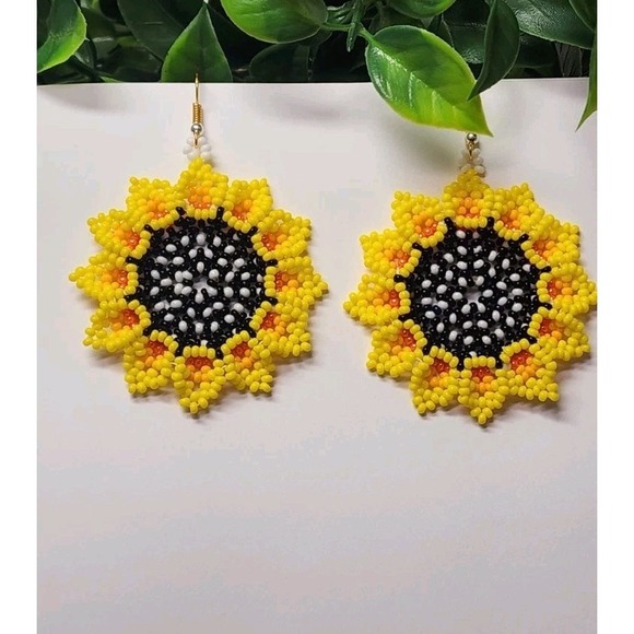 Sunflower Jewelry - Boho Sunflower Seed Bead Earrings - Yellow Floral Dangle Jewelry - Handmade